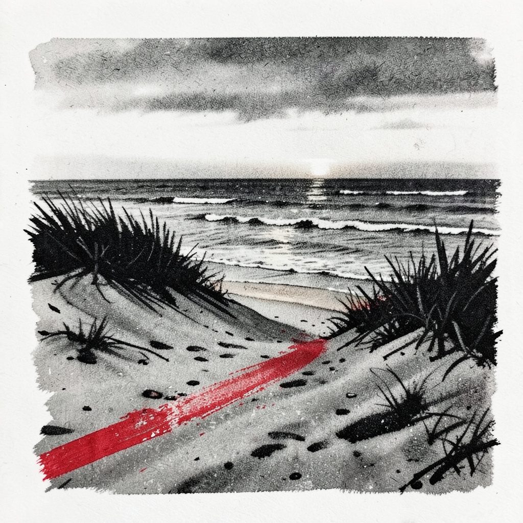 Beach sand dunes meeting the ocean at dawn, soft peach and dusty blue, still and peaceful