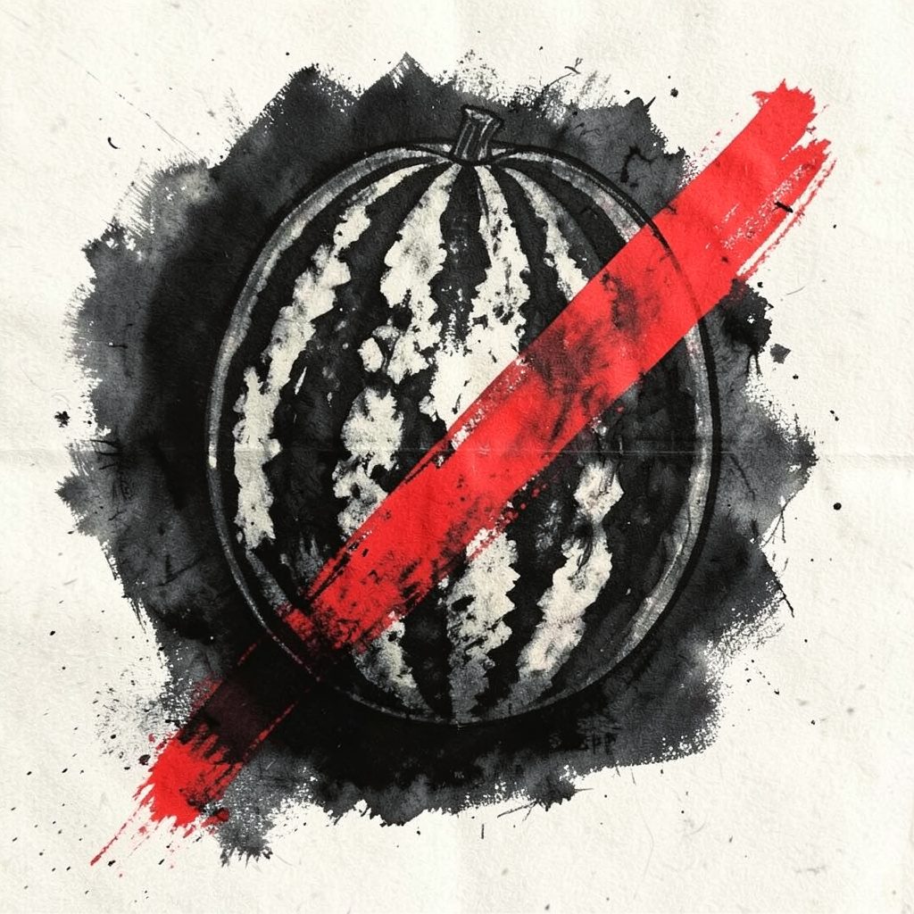 Bold charcoal drawing of a sliced watermelon on a plate, deep greens and bright pinks, fresh and energetic mood